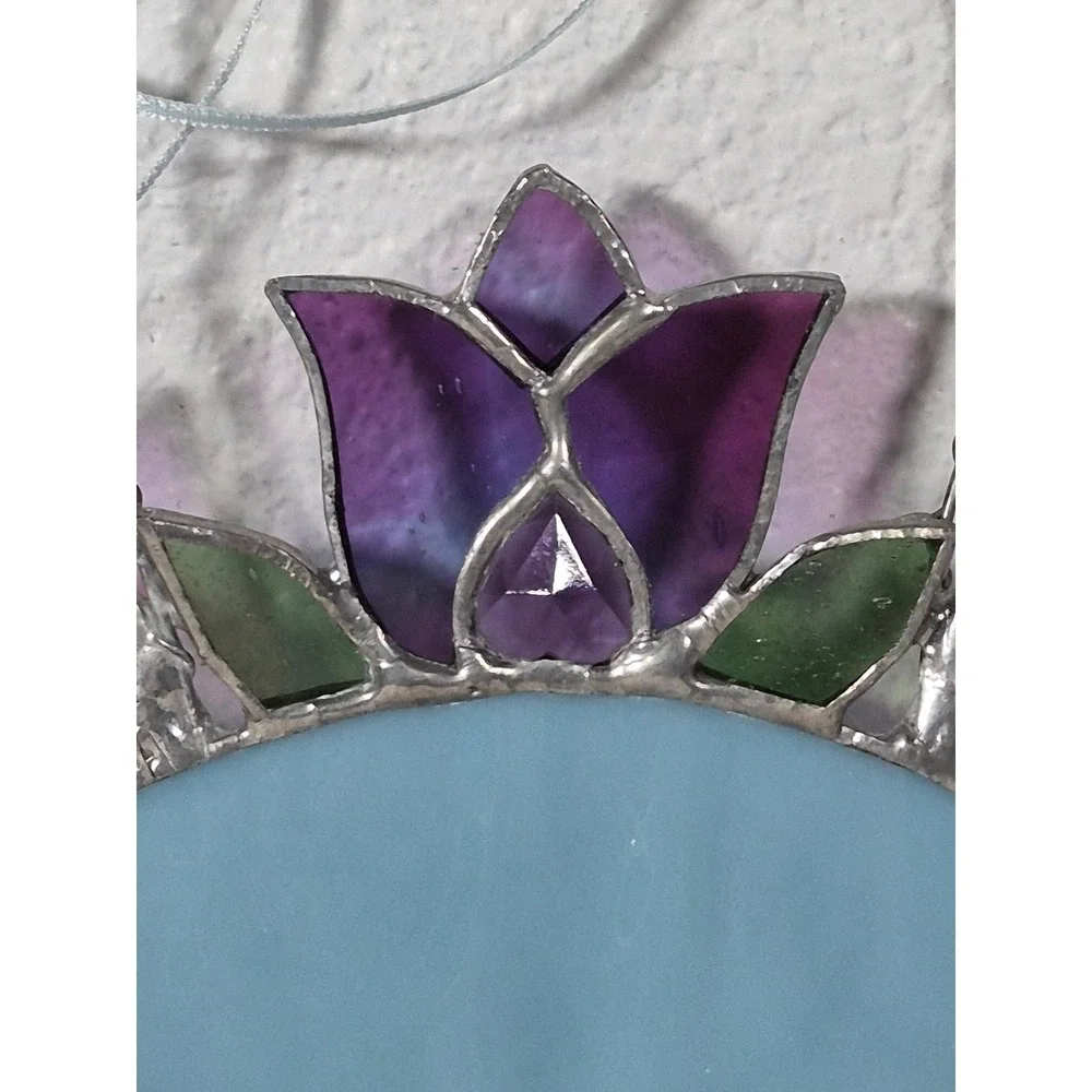 Vintage Stained Glass Tulip Flower Basket Suncatcher Purple Blue Wall Hanging